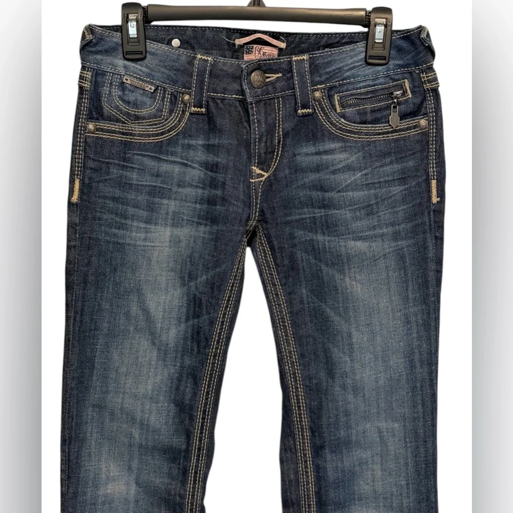 ReRock Express Y2K Jeans Womens 2R Long Inseam Barely Boot Dark Blue Wash EUC - Picture 3 of 11